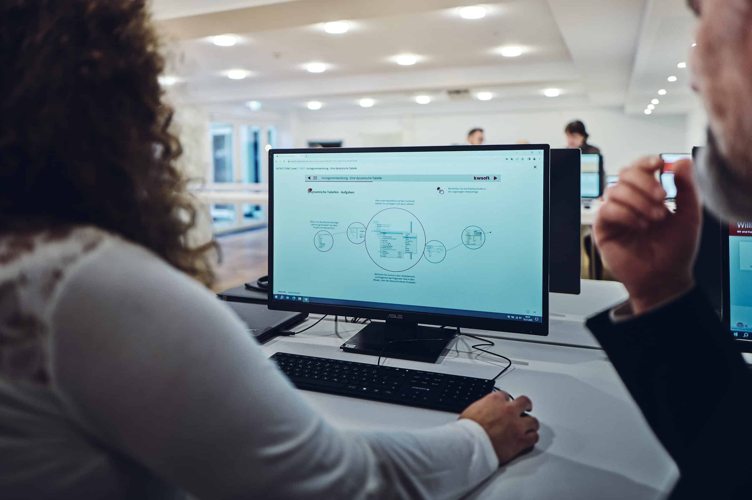 Člověk se dívá na obrazovku a používá program